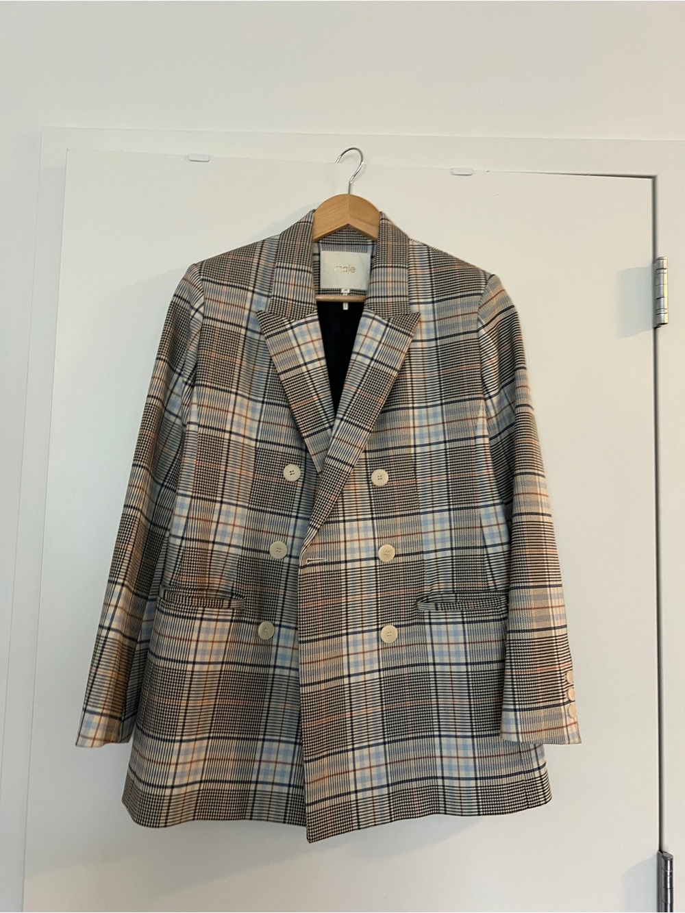 Maje Double-Breasted Plaid Blazer in Beige, Cream, Blue